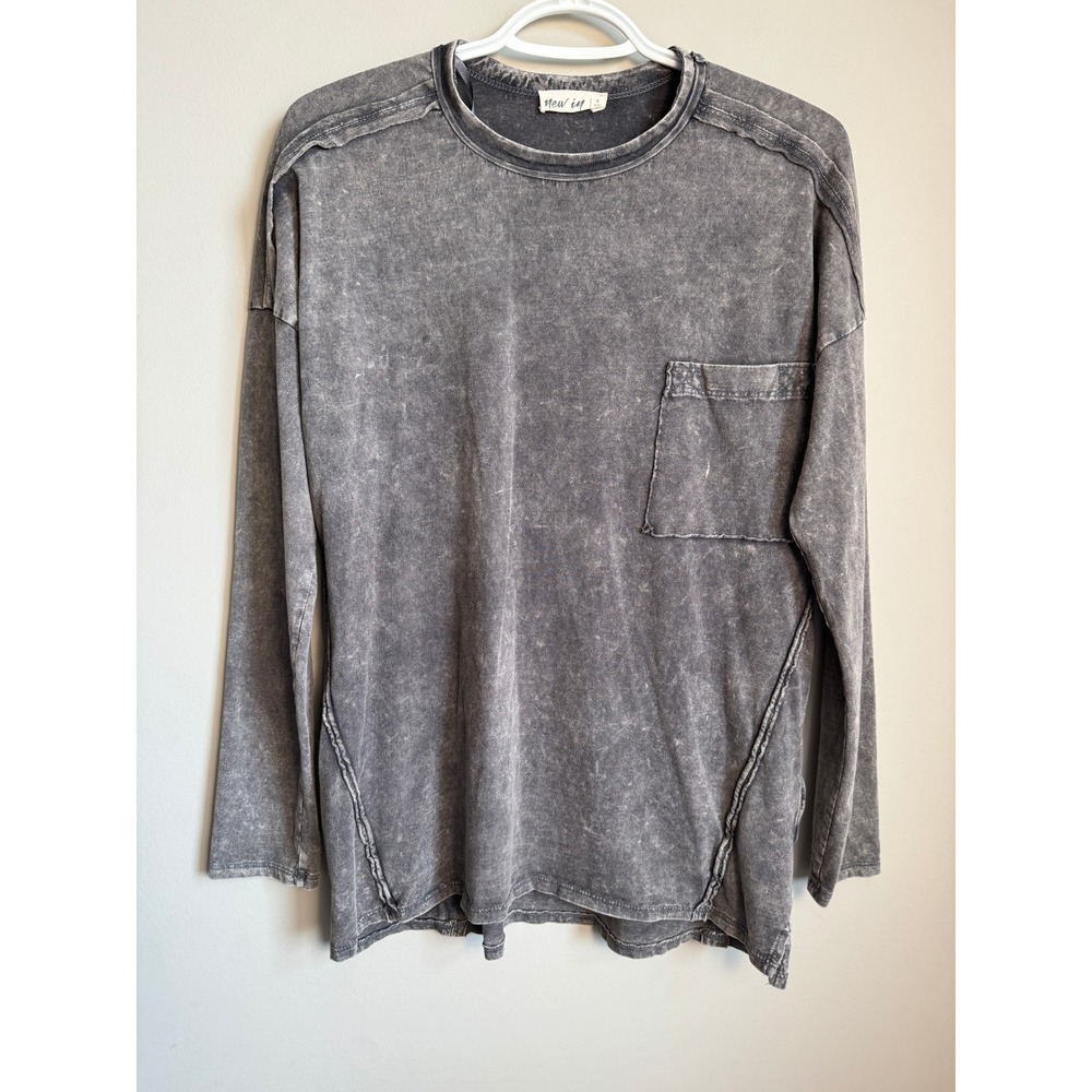 New In Long Sleeve Mineral Wash Pocket Tee Charcoal Grey Women's Small Oversized